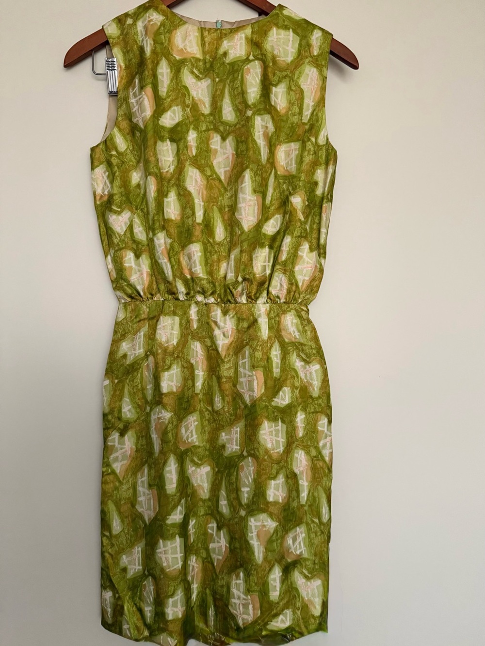 Vintage 1950s Silk Satin Chartreuse Green Abstract Shift Wiggle Dress S/M
